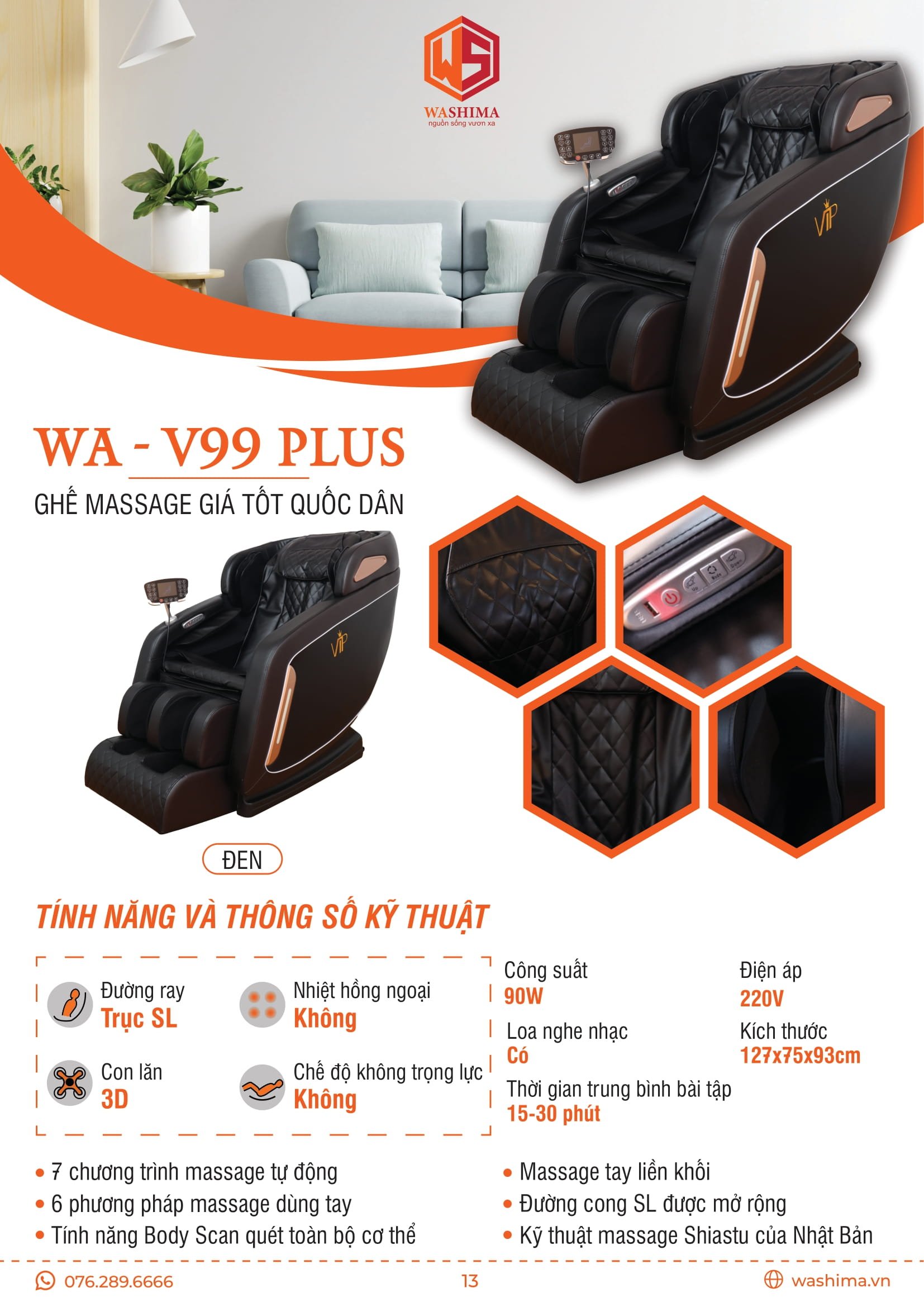Thông số kỹ thuật của chiếc ghế massage giá tốt quốc dân WA V99 Plus