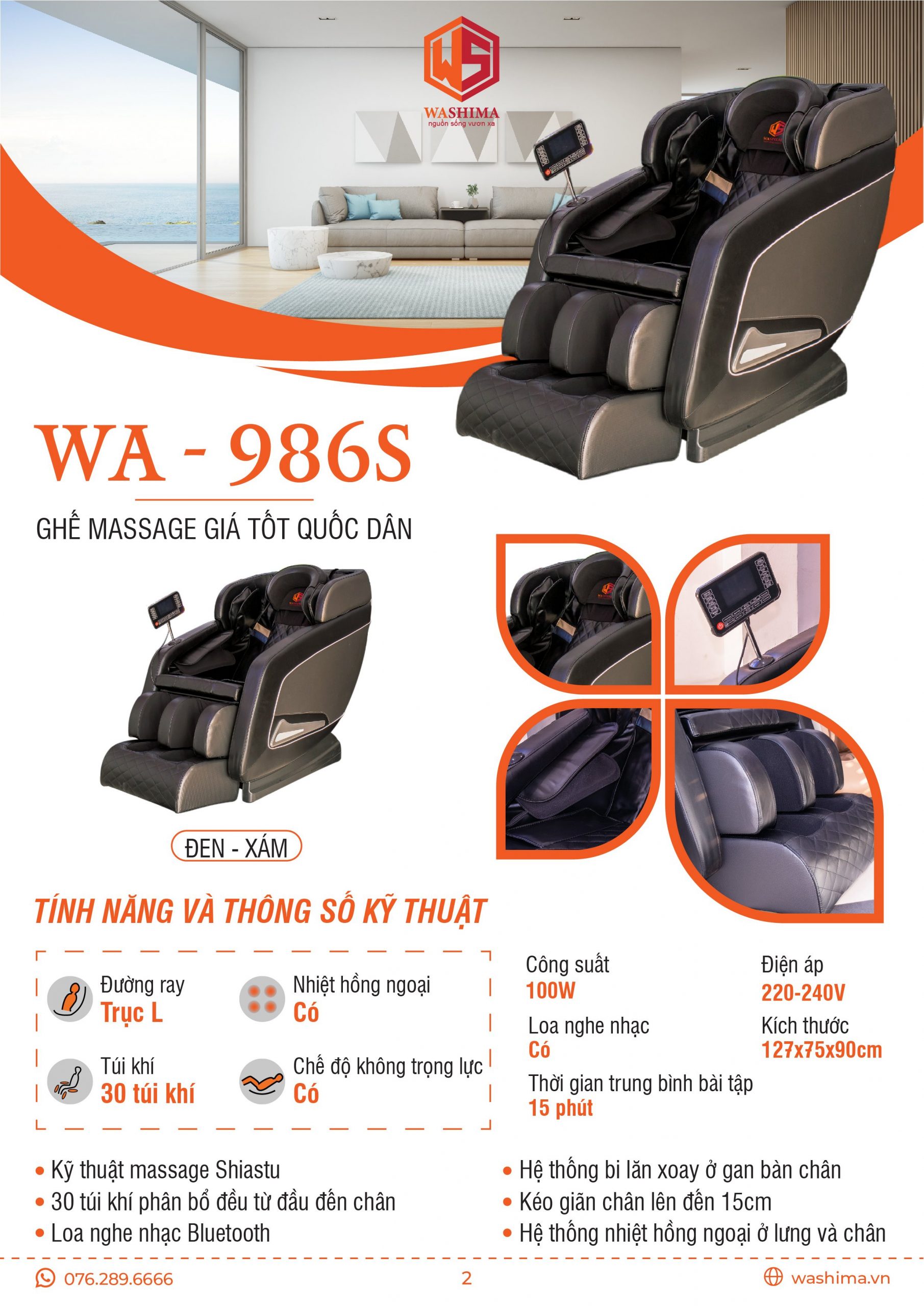Thông số kỹ thuật của sản phẩm ghế massage Washima WA-986S | Ghế massage giá tốt quốc dân