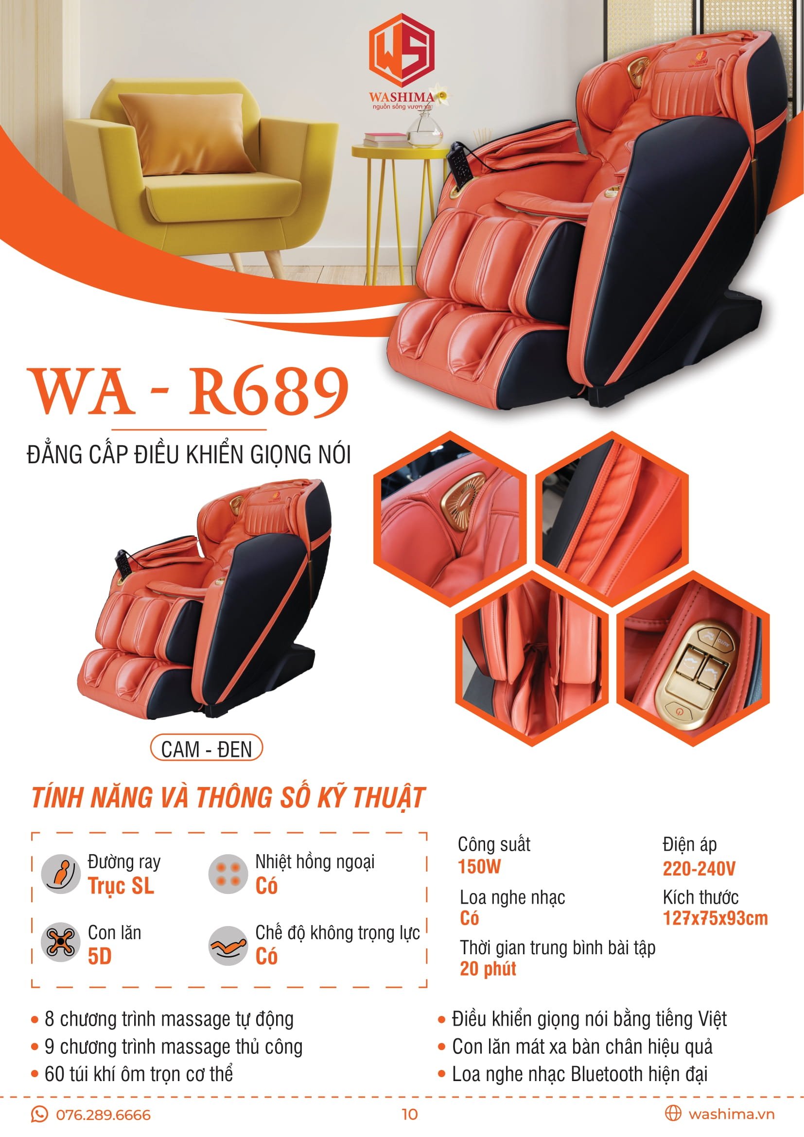 Thông số kỹ thuật của sản phẩm ghế massage WA R689 tự động điều khiển bằng giọng nói