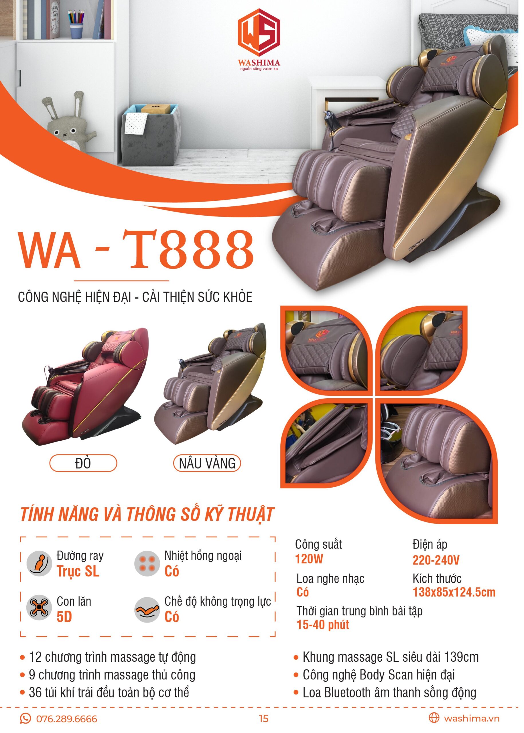 Thông số kỹ thuật của chiếc ghế massage Washima WA-T888