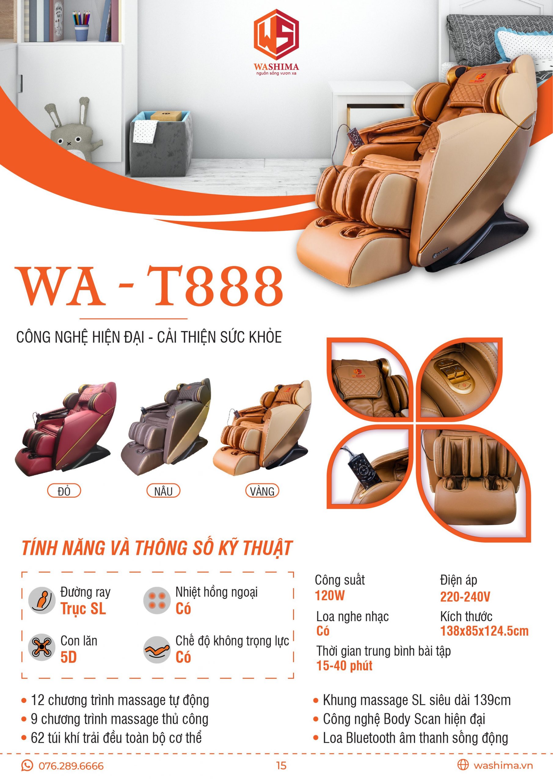 Thông số kỹ thuật của sản phẩm ghế massage Washima WA-T888