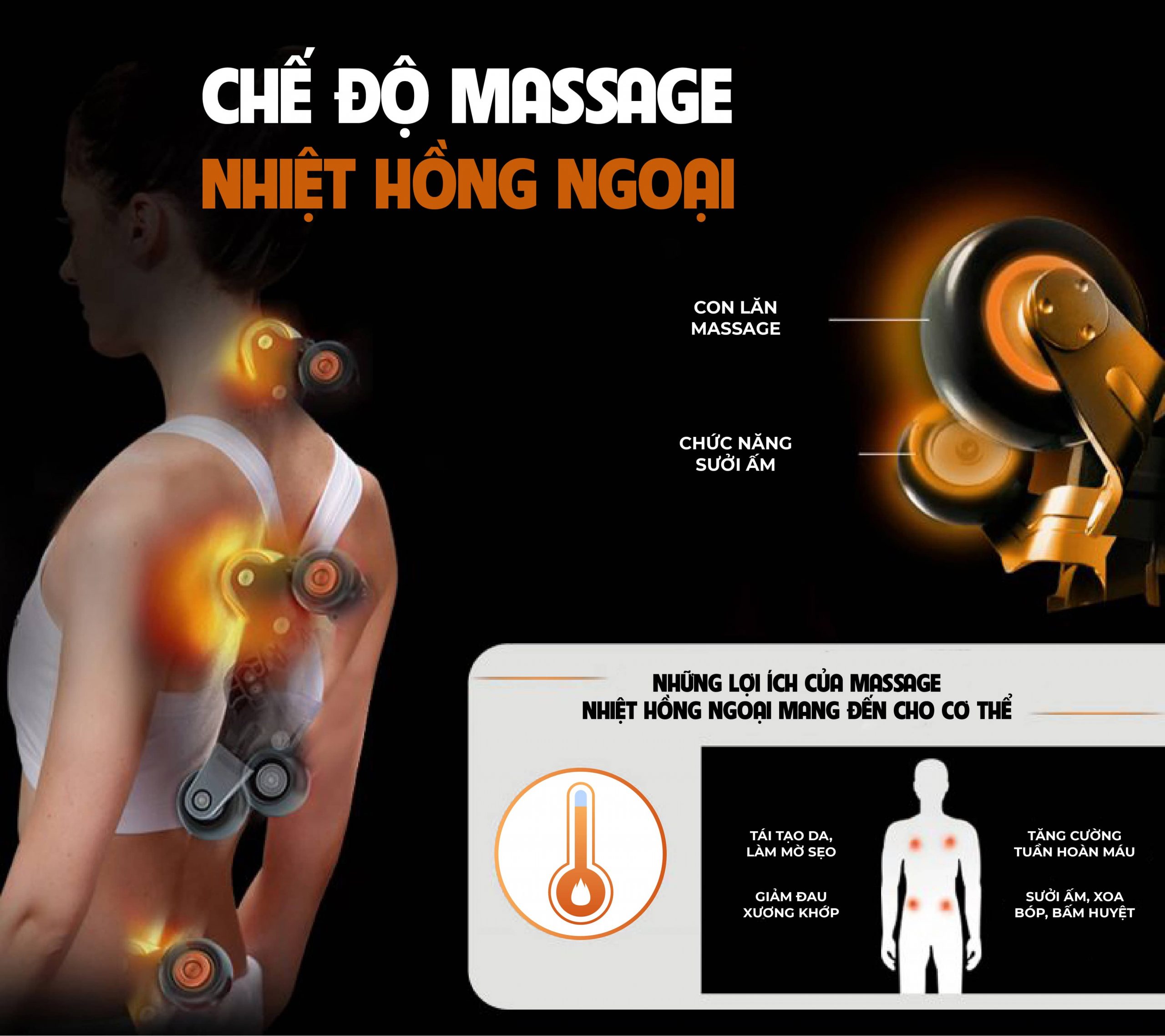 Chế độ massage 6D nhiệt hồng ngoại giúp giảm nhanh các cơn đau nhức ê buốt kéo dài trả lại trạng thái cơ thể khỏe mạnh