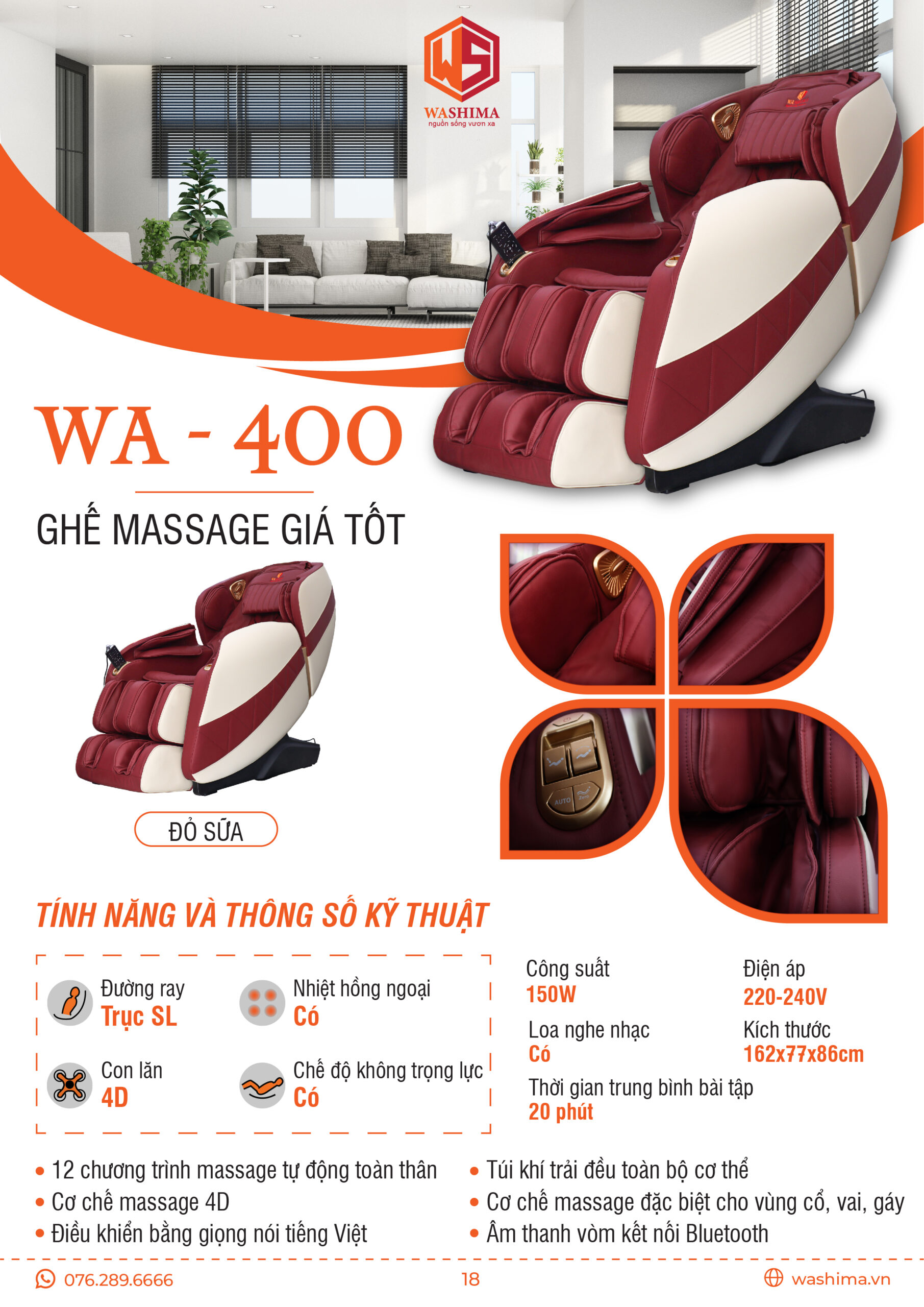 Siêu phẩm ghế massage giá tốt công nghệ chuẩn trị liệu Washima WA-400