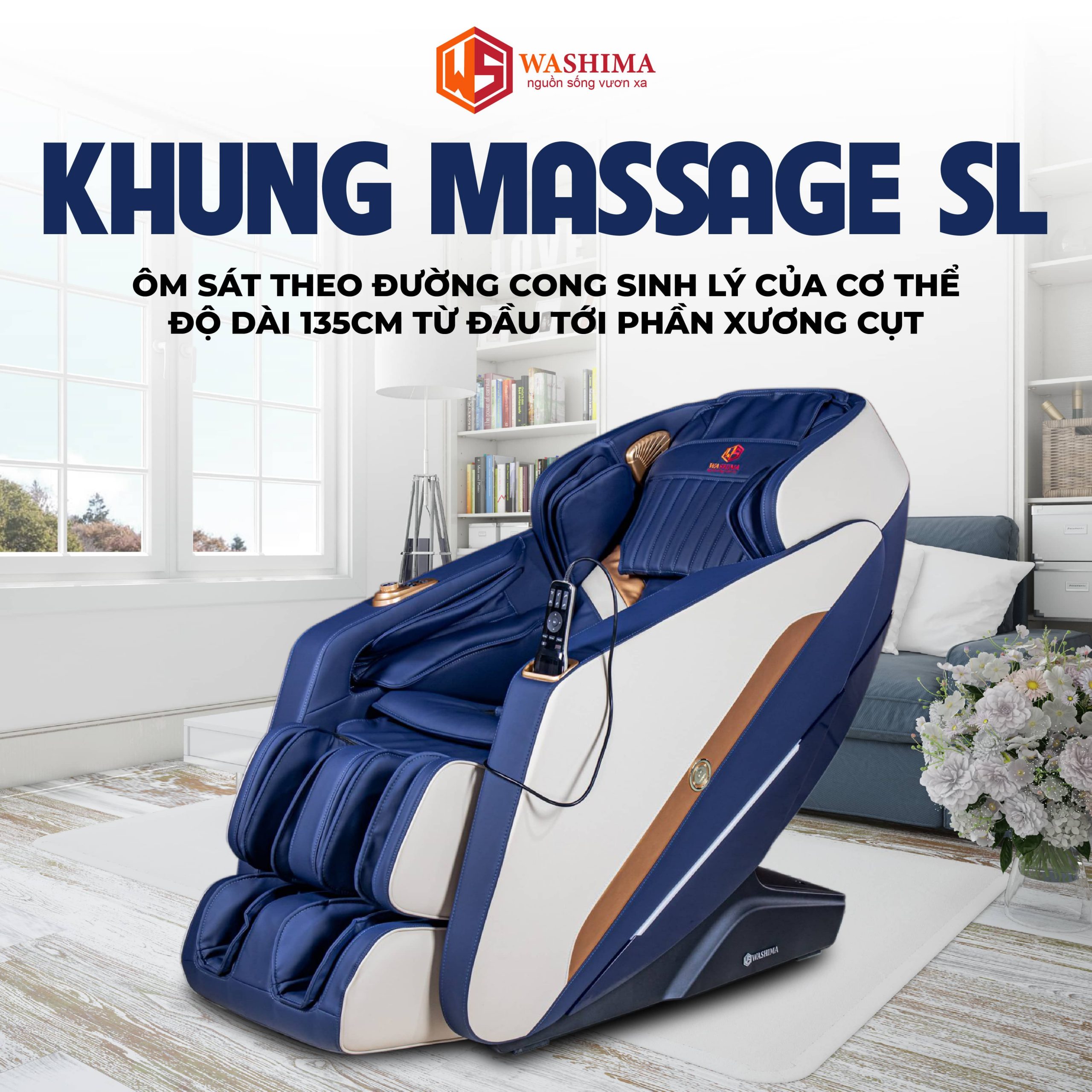 Ghế massage Washima với thiết kế khung massage SL ôm sát đường cong cơ thể tới tận 135cm