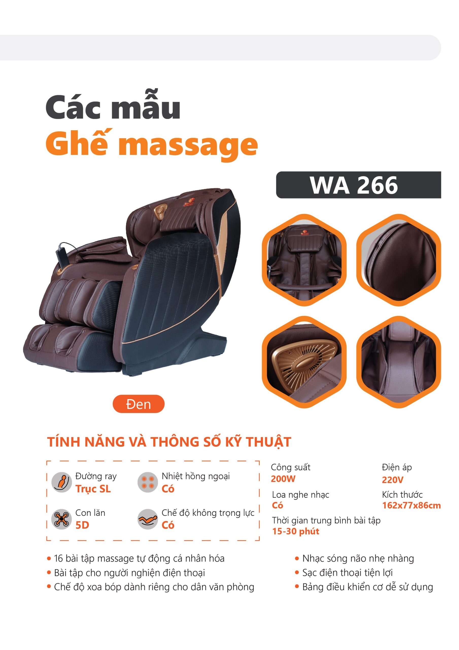 Thông số mô tả sản phẩm ghế massage Washima WA-266