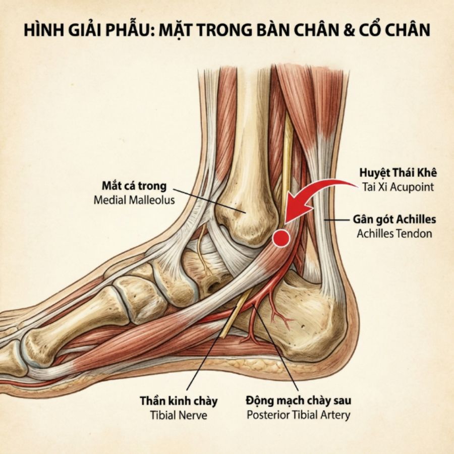 Huyệt Thái Khê nằm ở vị trí nào?